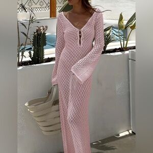 Pink Crochet knit Fishtail Flare Sleeve Maxi swimsuit cover up dress L New